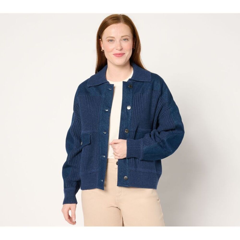 SUNNYLiFE Women's Top Sweater Sz XL Cardigan Denim Details Blue A668343